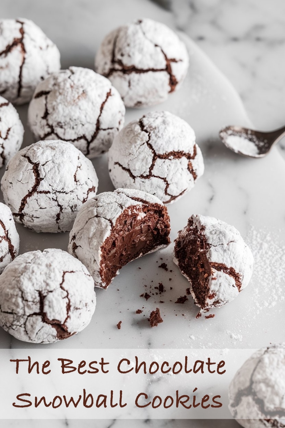 Chocolate snowball cookies rolled in powdered sugar, offering a tender bite with a hint of cocoa and a melt-in-your-mouth texture.
