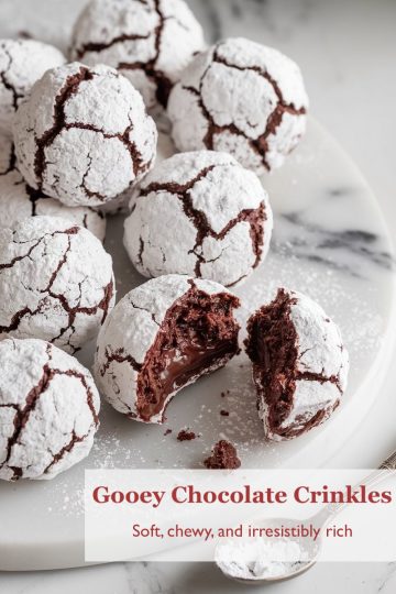 A batch of rich chocolate crinkle cookies with crackled powdered sugar tops, revealing a fudgy, gooey center.