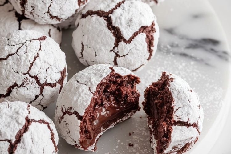 A batch of rich chocolate crinkle cookies with crackled powdered sugar tops, revealing a fudgy, gooey center.