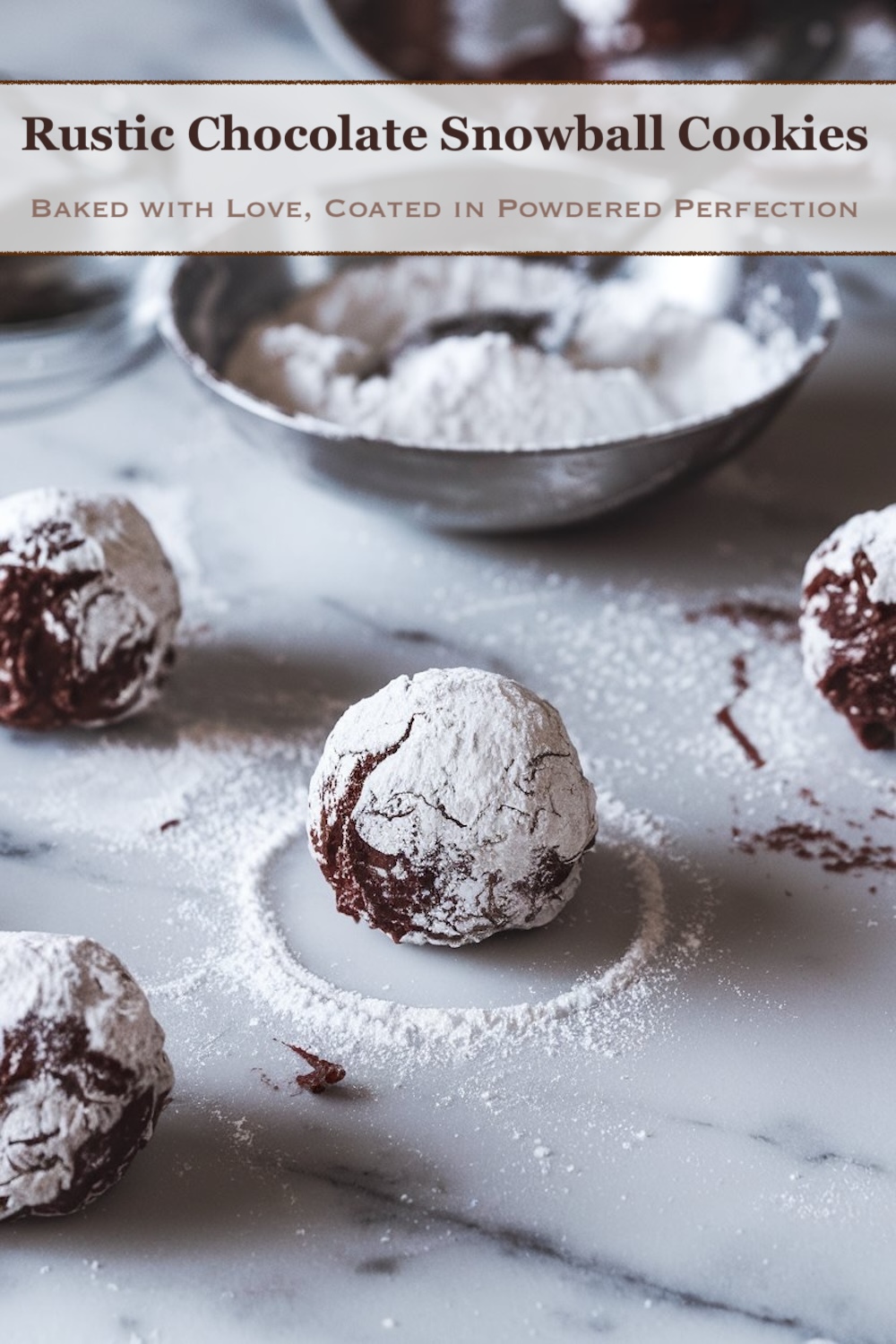 Chocolate snowball cookies, lightly dusted with powdered sugar, placed on a marble surface. A mixing bowl of powdered sugar and more cookies are seen in the background, adding to the rustic feel.