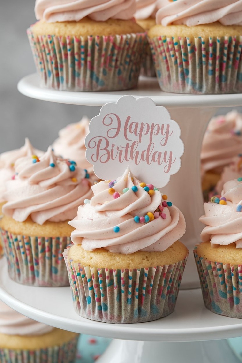 Fluffy vanilla cupcakes with swirled pink buttercream frosting and vibrant sprinkles, displayed on a white cake stand for a festive birthday party.
