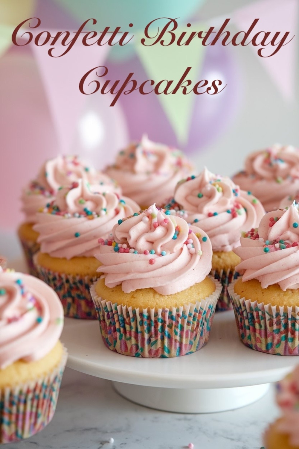 Festive confetti birthday cupcakes with soft pink frosting and sprinkles, captured in natural light against a background of pastel party decor.