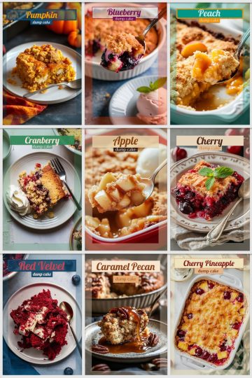 A collage of various dump cakes, each with vibrant colors and toppings, featuring flavors such as pumpkin, blueberry, peach, cranberry, apple, cherry, red velvet, caramel pecan, and cherry pineapple, all beautifully styled in serving dishes.