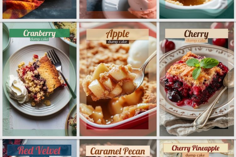 A collage of various dump cakes, each with vibrant colors and toppings, featuring flavors such as pumpkin, blueberry, peach, cranberry, apple, cherry, red velvet, caramel pecan, and cherry pineapple, all beautifully styled in serving dishes.