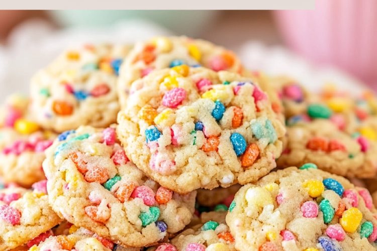 Brightly colored Fruity Pebbles Sugar Cookies piled on a plate, with a playful, multi-colored text label above, set against a soft, domestic background.