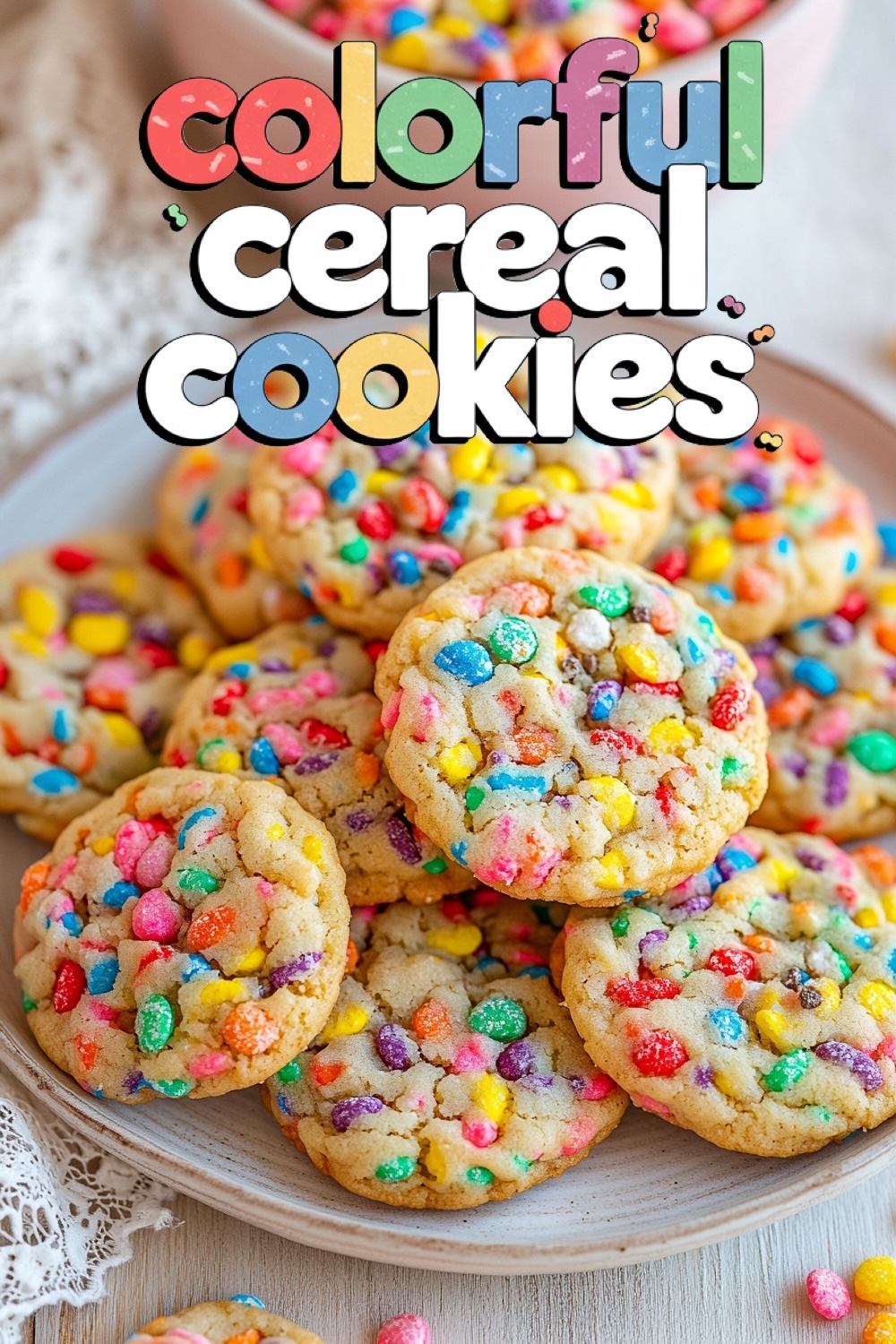 A stack of colorful Fruity Pebbles Sugar Cookies on a serving plate, featuring a vibrant title in a playful font, ideal for a cheerful home setting.