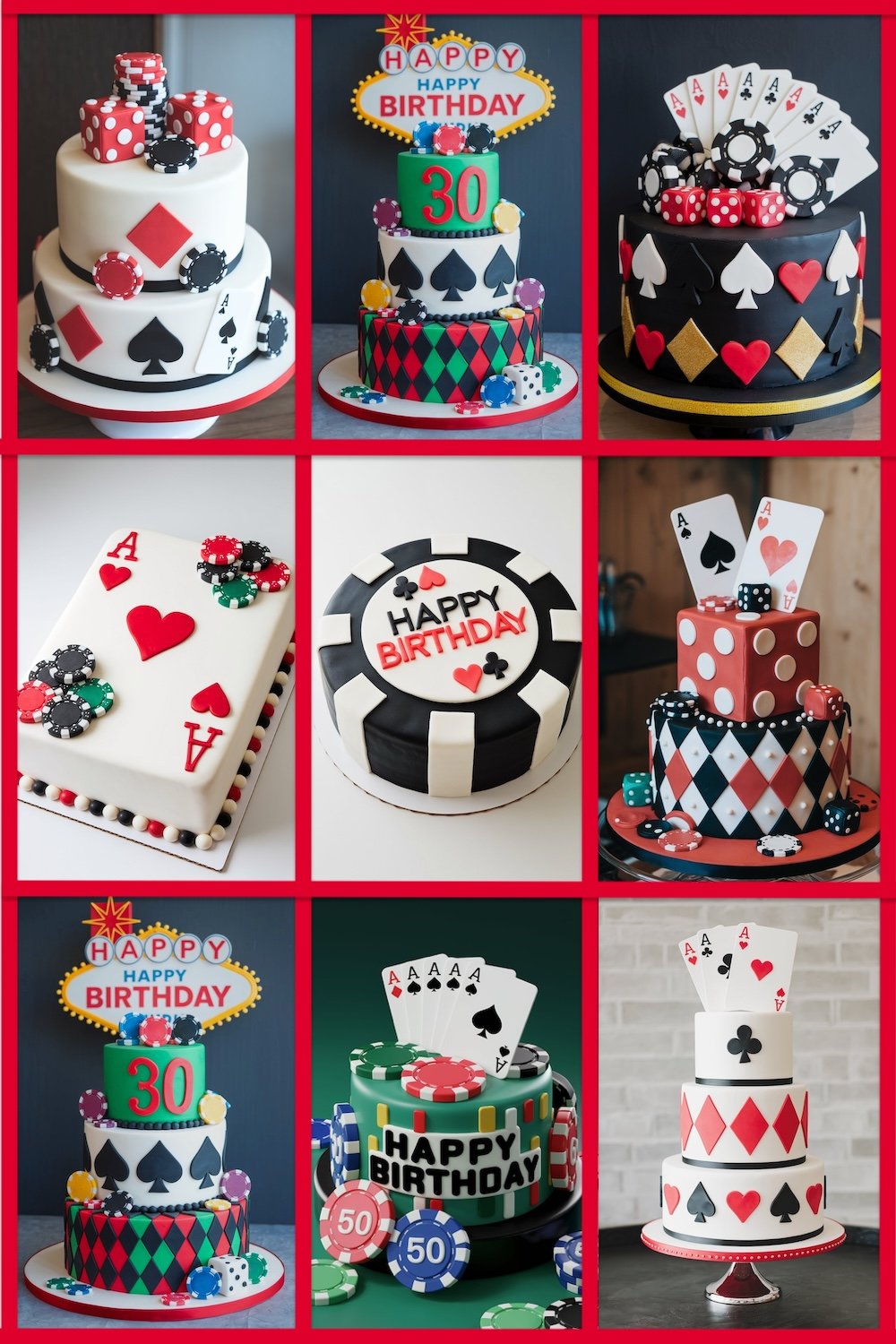 A collage of nine unique Las Vegas-themed birthday cakes, each decorated with casino motifs such as playing cards, poker chips, and dice. The cakes vary in design from elegant multi-tiered structures to playful, brightly colored layers, each creatively incorporating elements like card suits, slot machine symbols, and festive birthday banners. These cakes celebrate various ages and milestones with personalized details like age numbers and 'Happy Birthday' messages, styled to match the vibrant and exciting theme of a night at the casino.