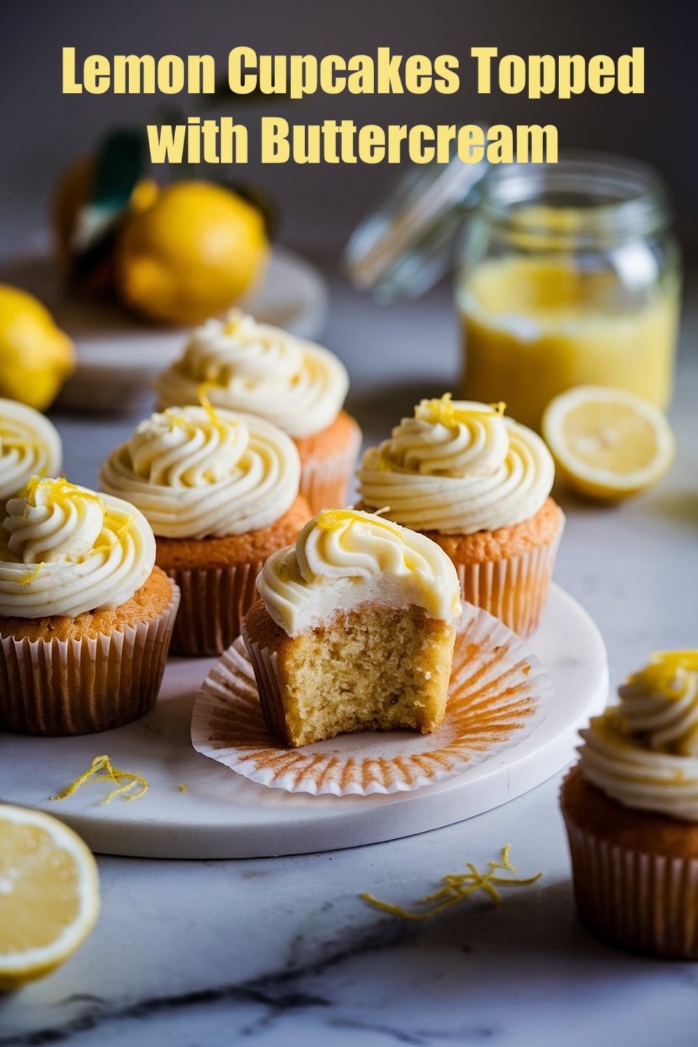 Lemon buttercream cupcakes arranged on a white plate, accompanied by halved lemons.