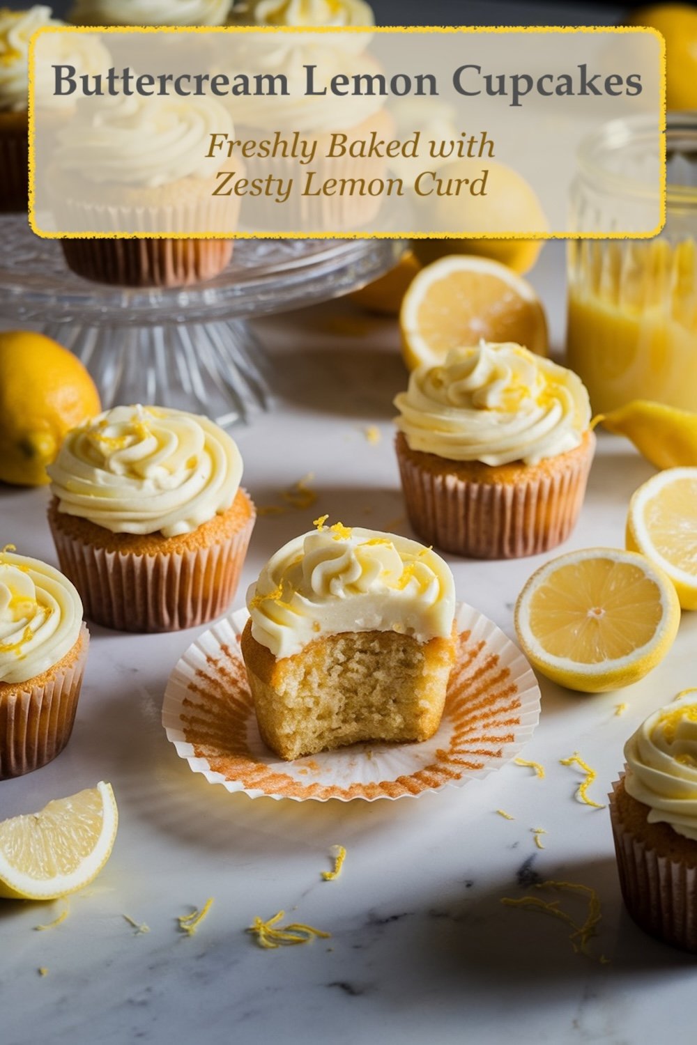 A batch of lemon cupcakes, frosted with buttercream and garnished with lemon zest curls