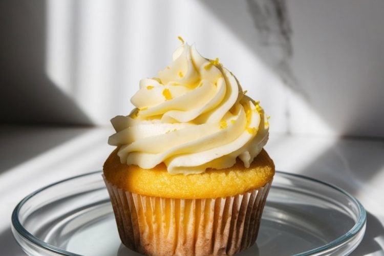Lemon buttercream cupcakes topped with fresh zest, displayed on a marble table.