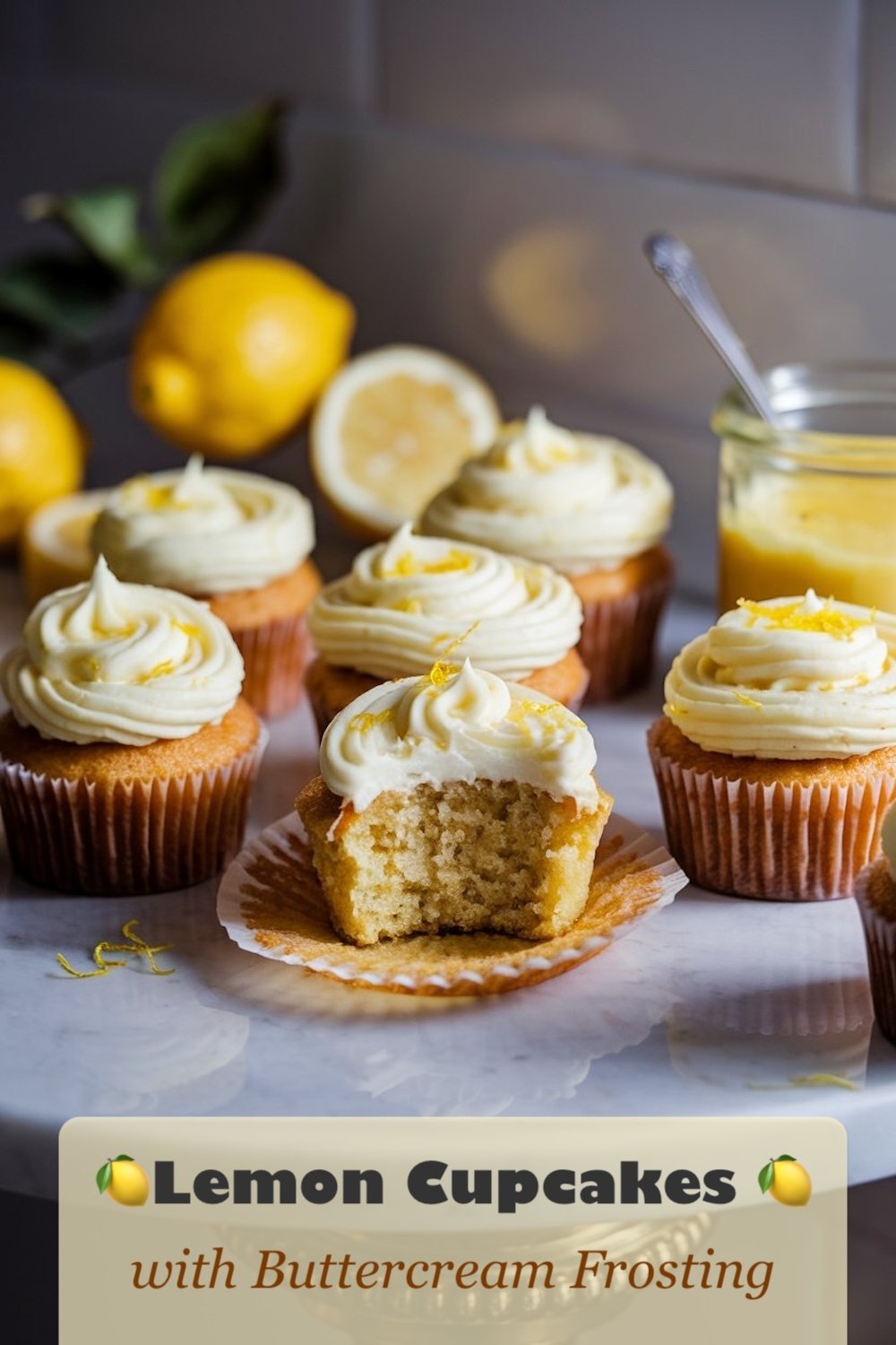 Cupcakes with lemon buttercream frosting, set beside a jar of homemade lemon curd.