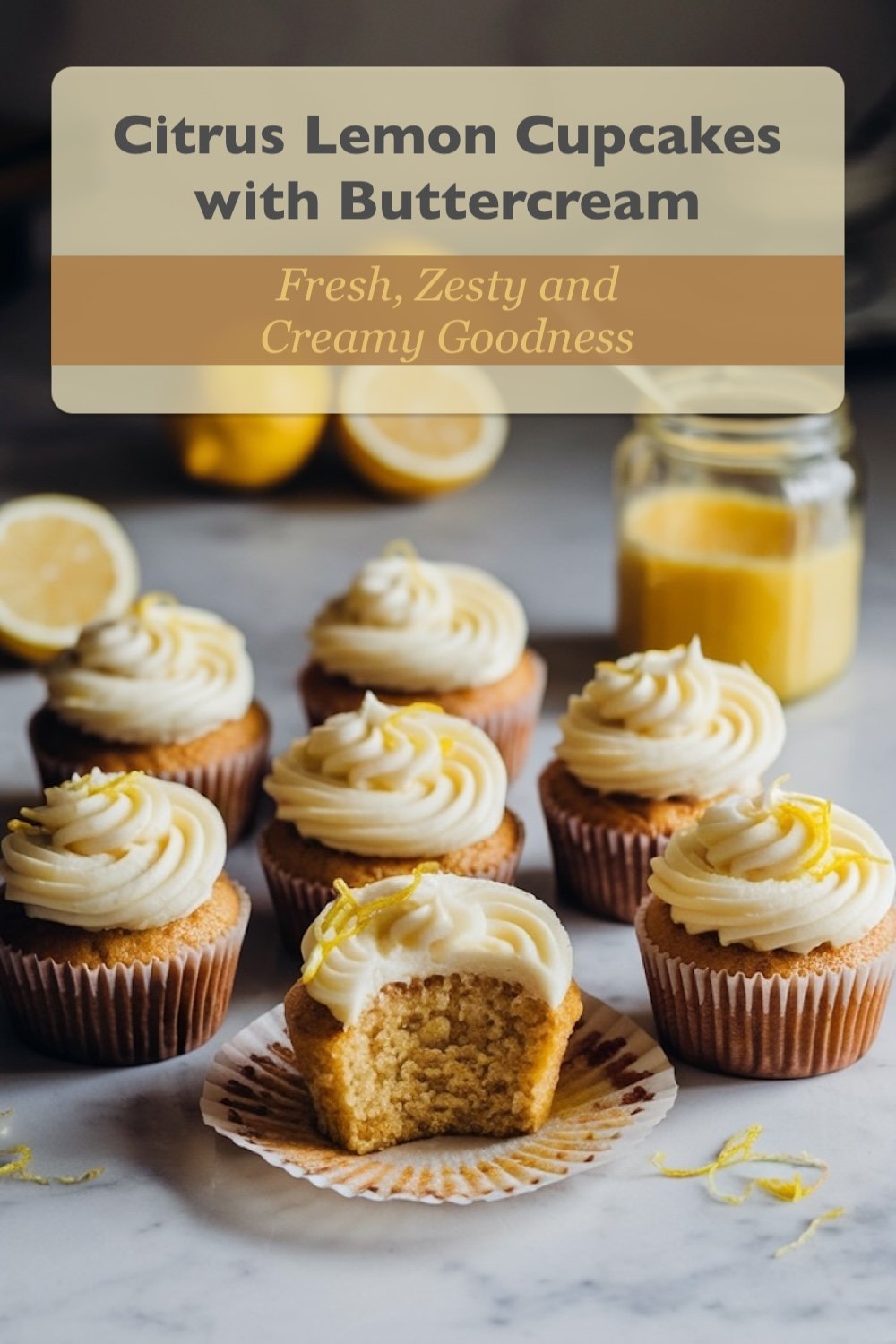 Freshly baked lemon cupcakes with creamy buttercream frosting and lemon curd in the background.