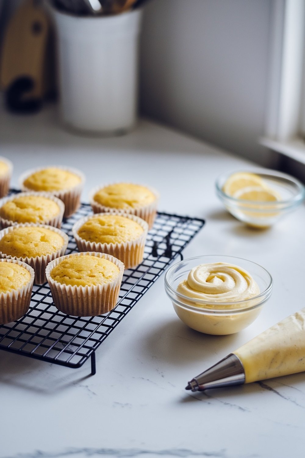Freshly baked lemon cupcakes cooling on a wire rack next to a piping bag filled with lemon buttercream frosting and a small bowl of frosting, with sliced lemons in the background on a bright kitchen counter.