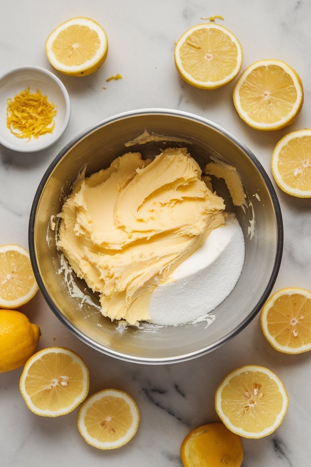 A mixing bowl with creamed butter and sugar, surrounded by halved lemons and a small dish of freshly grated lemon zest on a marble countertop, ready for baking lemon cupcakes.