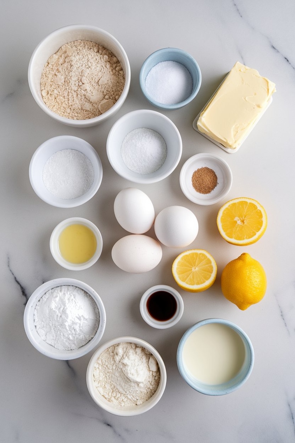 A flat lay of baking ingredients for lemon cupcakes, including flour, sugar, eggs, butter, lemon halves, milk, vanilla extract, baking powder, salt, and lemon zest, all arranged in small bowls on a white marble surface.