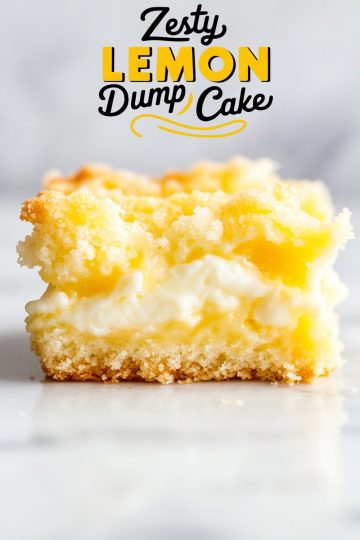 A piece of zesty lemon dump cake, showing a crumbly top and creamy lemon filling, on a white background with text overlay 'Zesty LEMON Dump Cake'.