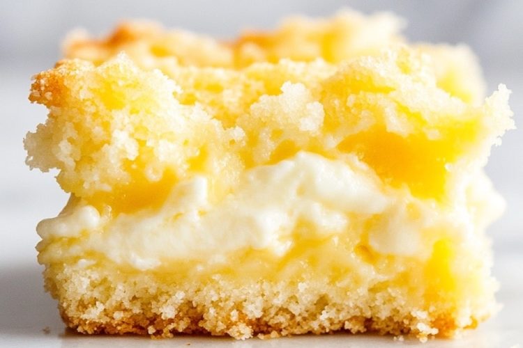 A piece of zesty lemon dump cake, showing a crumbly top and creamy lemon filling, on a white background with text overlay 'Zesty LEMON Dump Cake'.