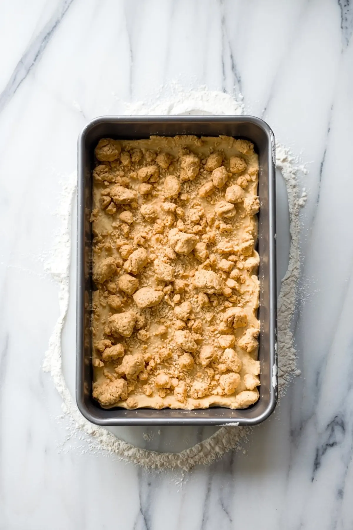 Golden crumb-topped lemon cream cheese dump cake in a rectangular metal baking pan, set on a floured marble surface, showing the unbaked topping with a rustic, homemade texture.
