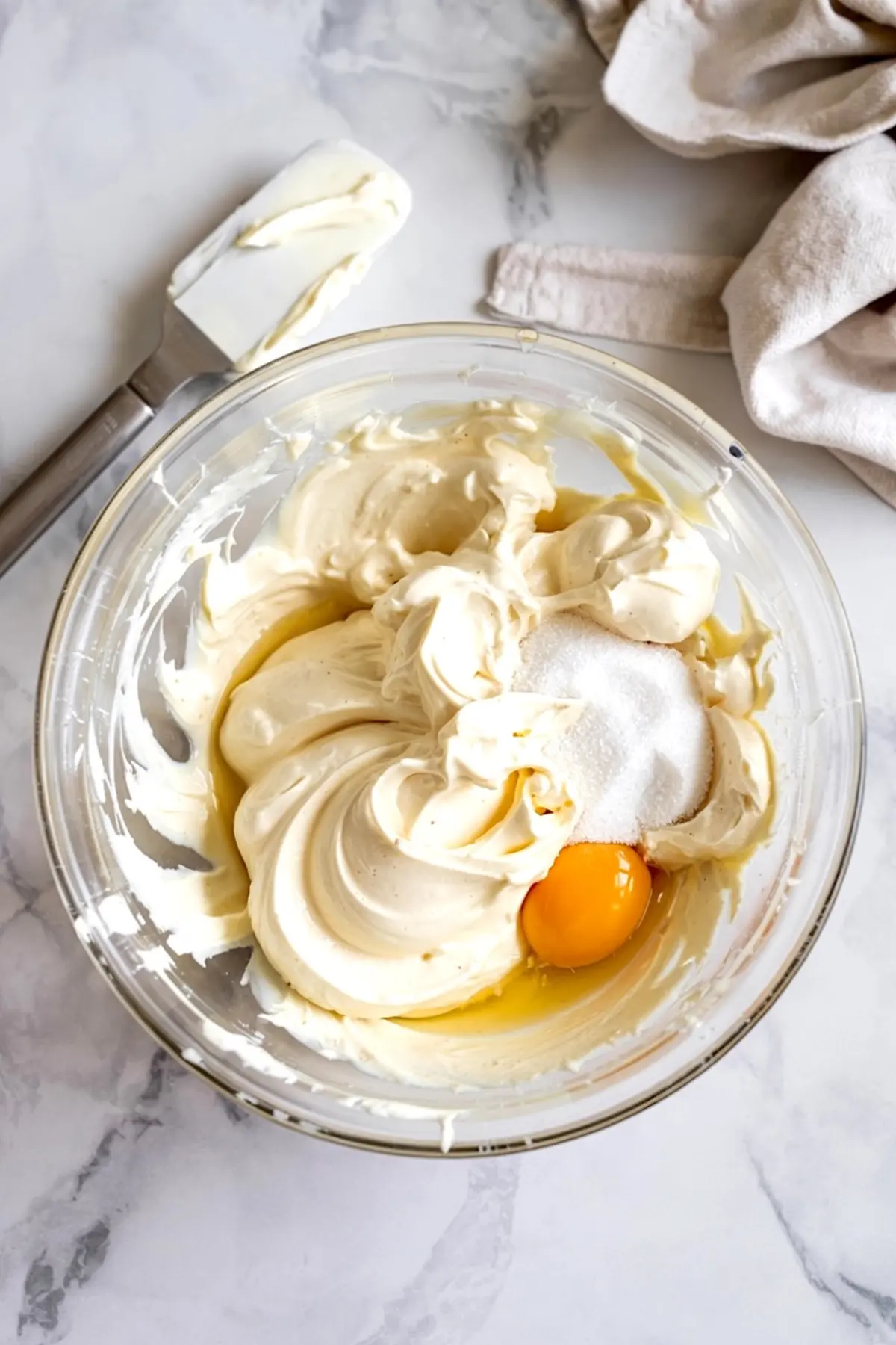 Creamy lemon cheesecake filling mixture in a glass bowl with sugar and egg yolk visible, ready to be blended for a lemon cream cheese dump cake recipe.
