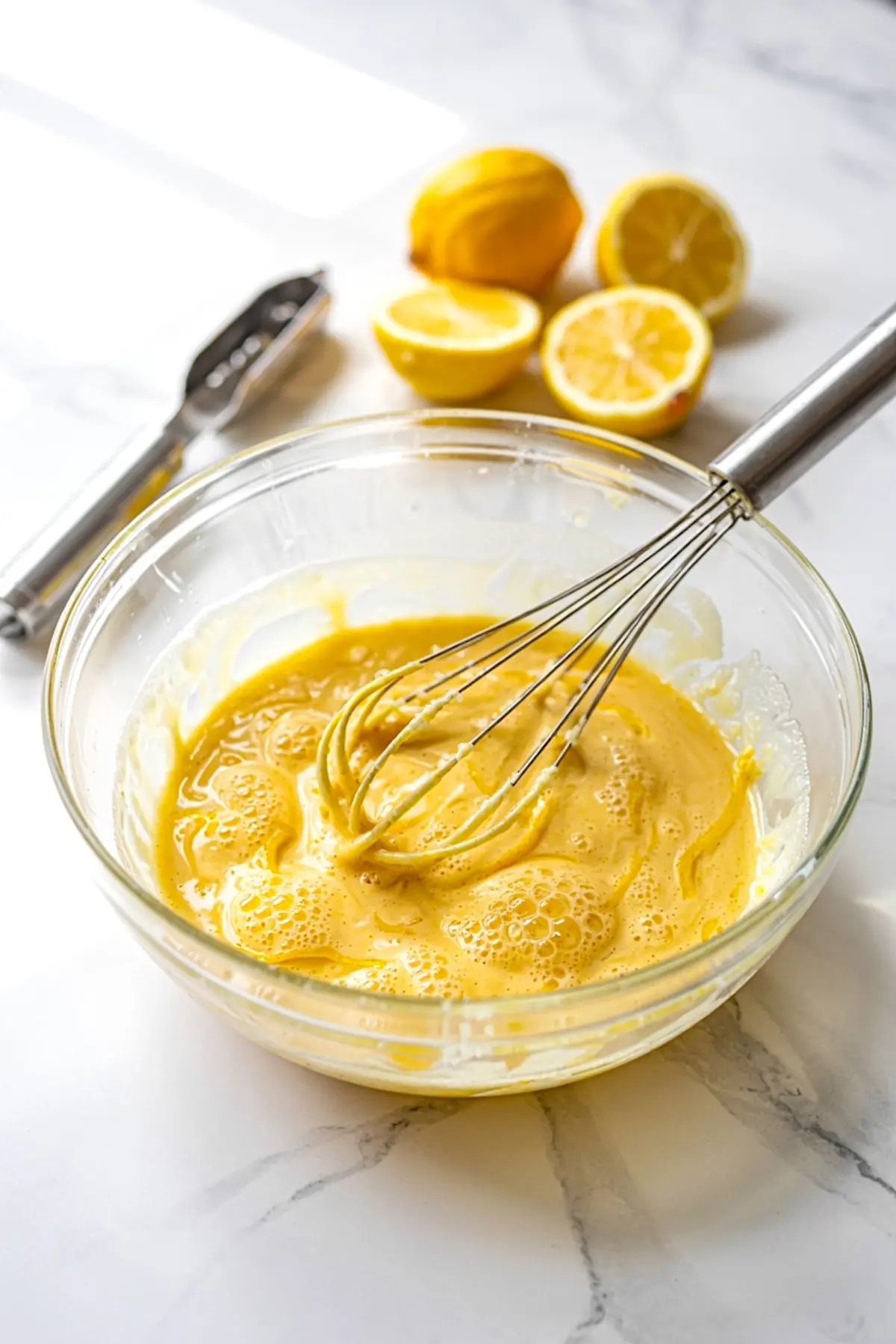Lemon pie filling mixture being whisked in a clear bowl, with fresh lemon halves and a zester in the background, showcasing the citrus base for lemon dump cake recipes with pie fillings.
