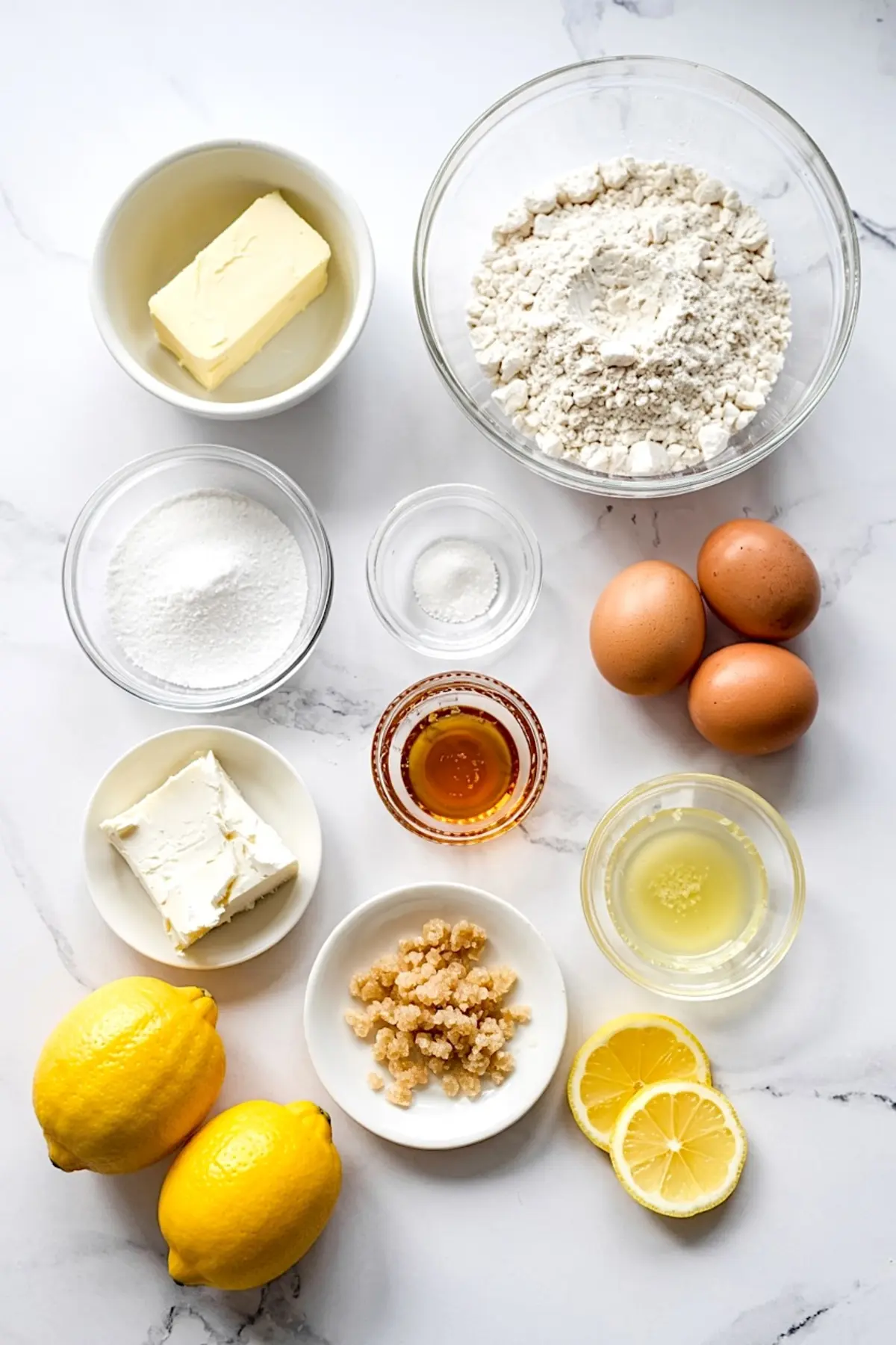 Flat lay of lemon cream cheese dump cake ingredients on a marble surface, including flour, sugar, eggs, butter, lemon zest, cream cheese, lemon juice, vanilla extract.

