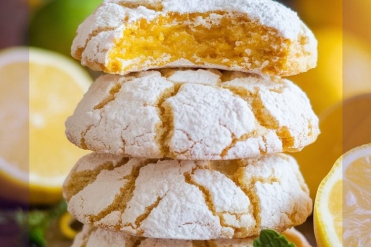 Close-up of fresh lemon crinkle cookies with a dusting of powdered sugar, showing cracks and golden edges.