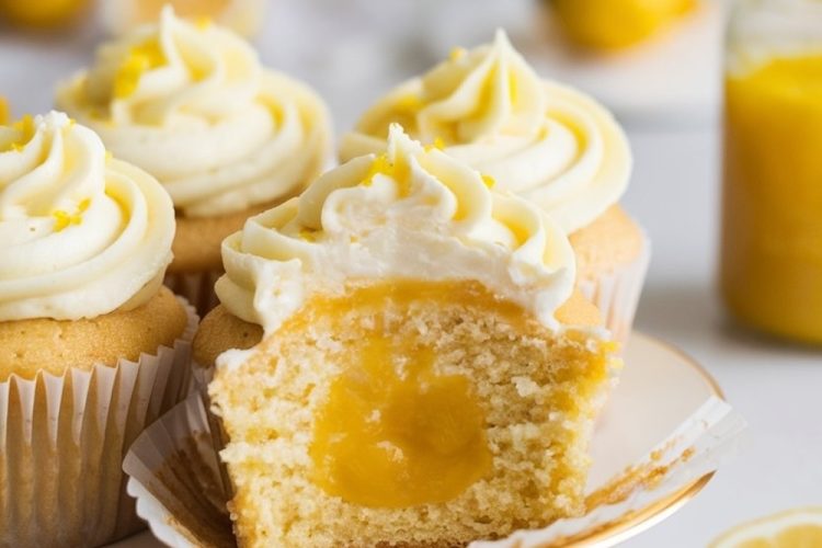 lemon curd cupcakes with orange fresh juice on the background