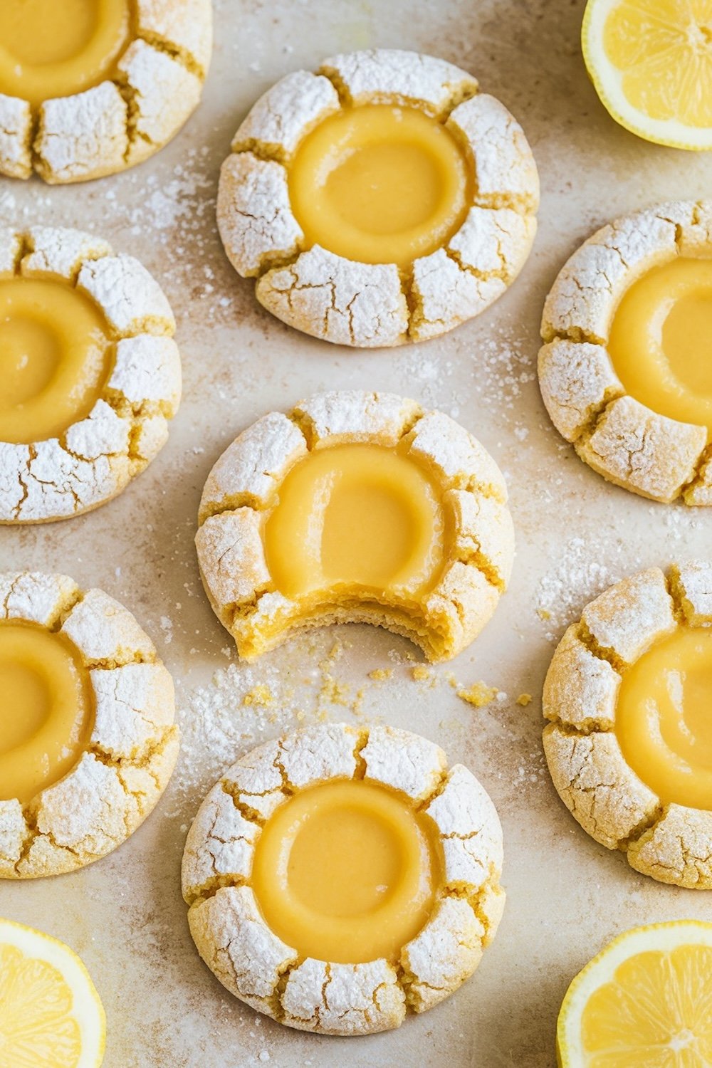 Lemon Curd Thumbprint Cookies on Baking Sheet: A batch of freshly baked thumbprint cookies, filled with bright yellow lemon curd, resting on a parchment-lined tray.