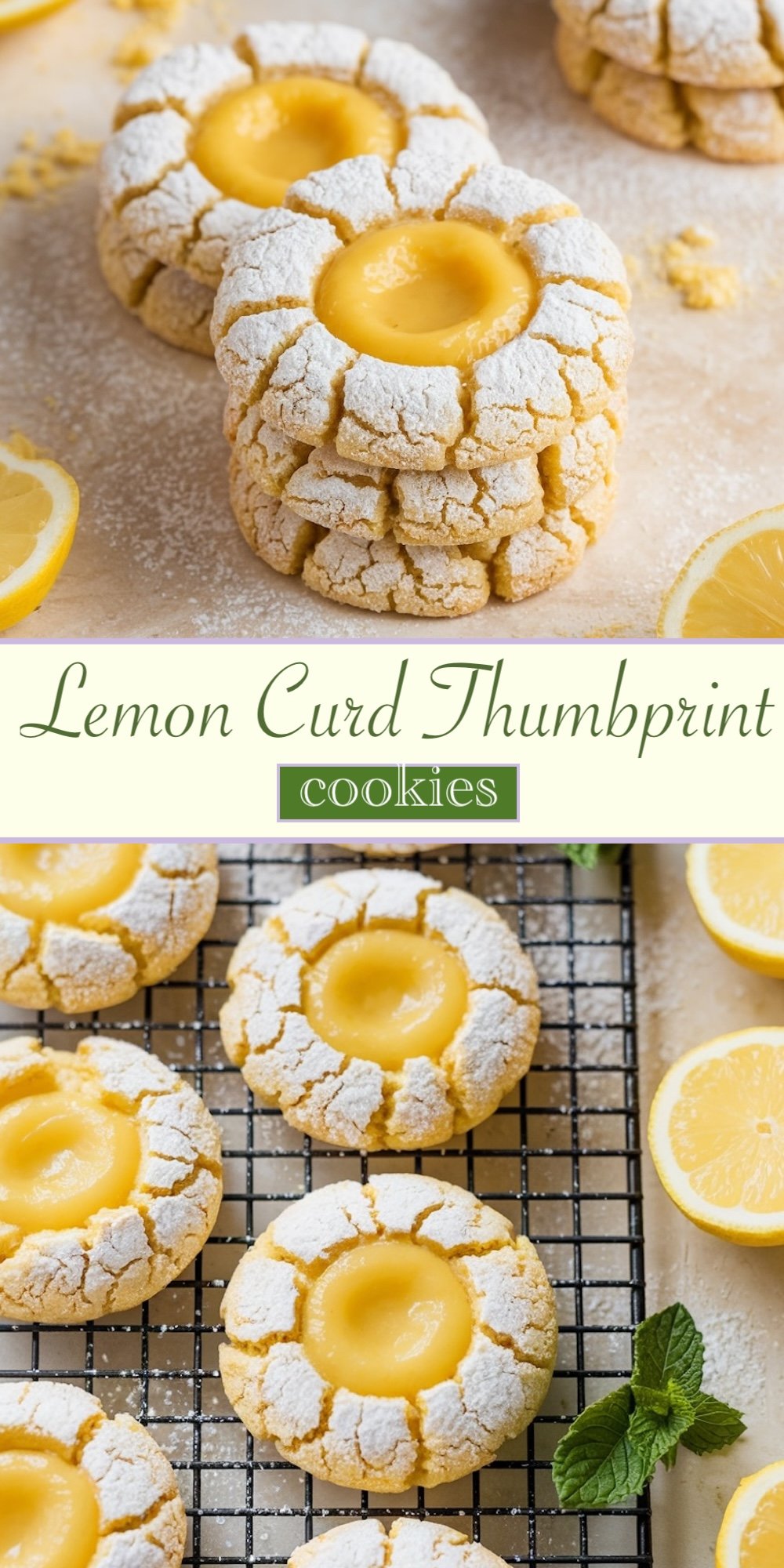 Arrangement of Lemon Curd Cookies with Fresh Lemons: A beautiful display of lemon thumbprint cookies alongside halved lemons, showcasing the vibrant, citrus-filled centers of each cookie.