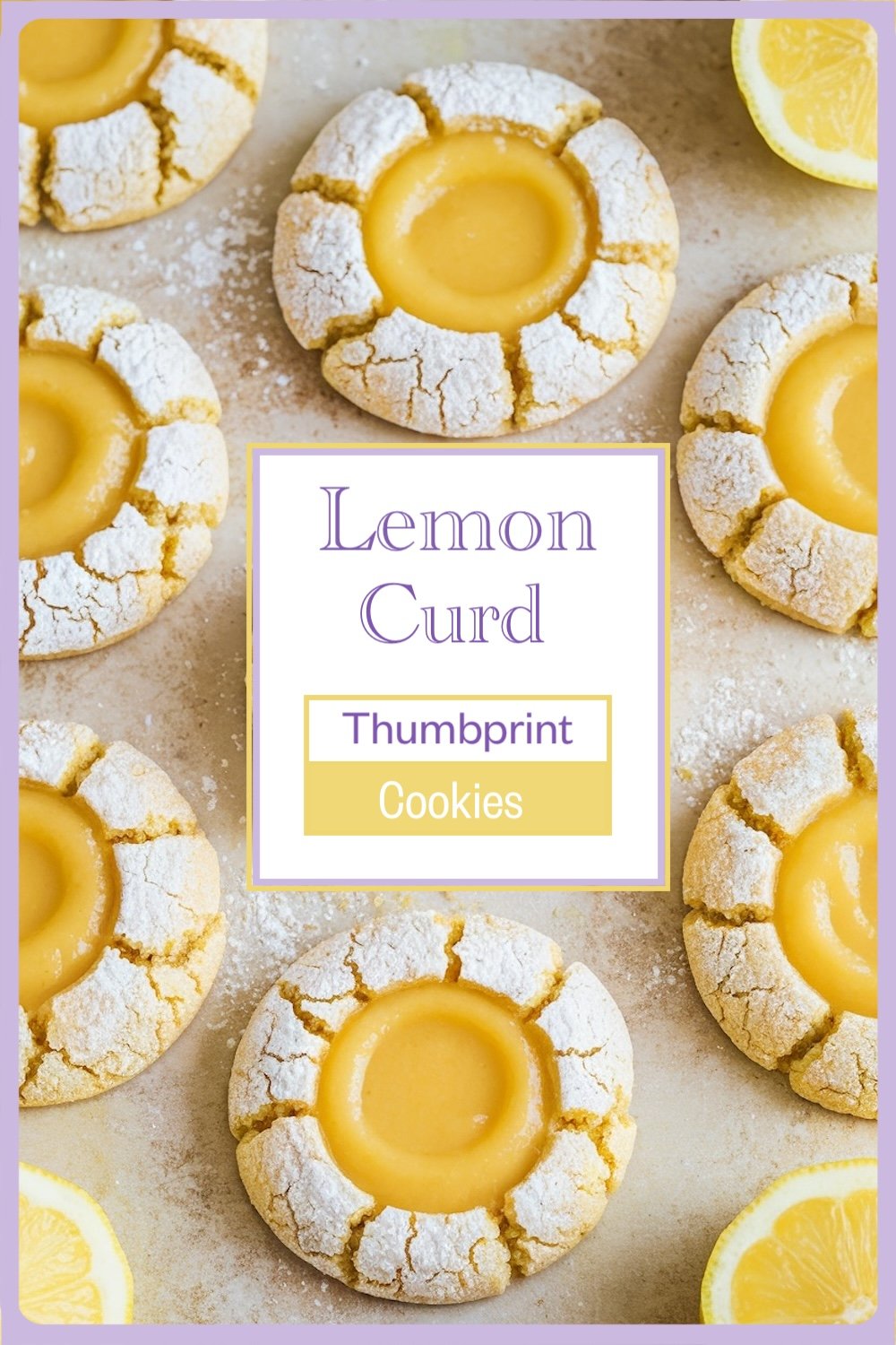 Close-up of Lemon Curd Thumbprint Cookies: A detailed view of soft, crackled cookies with golden lemon curd centers, dusted lightly with powdered sugar.