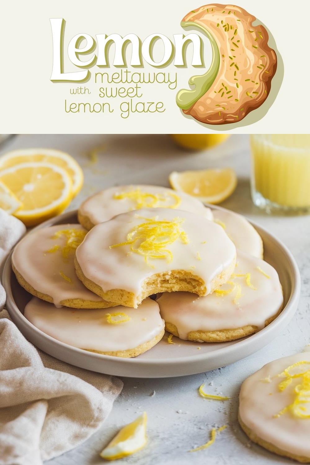 Plate of lemon meltaway cookies topped with a sweet lemon glaze and fresh zest, with a bite taken out of one cookie to reveal its soft texture.