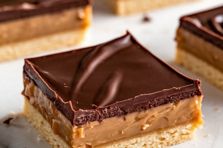 A close-up of a millionaire's shortbread cookie, showcasing its three layers: a buttery shortbread base, a smooth caramel center, and a thick, glossy chocolate top. The square slices are neatly arranged on a marble surface, with bits of chocolate scattered around.