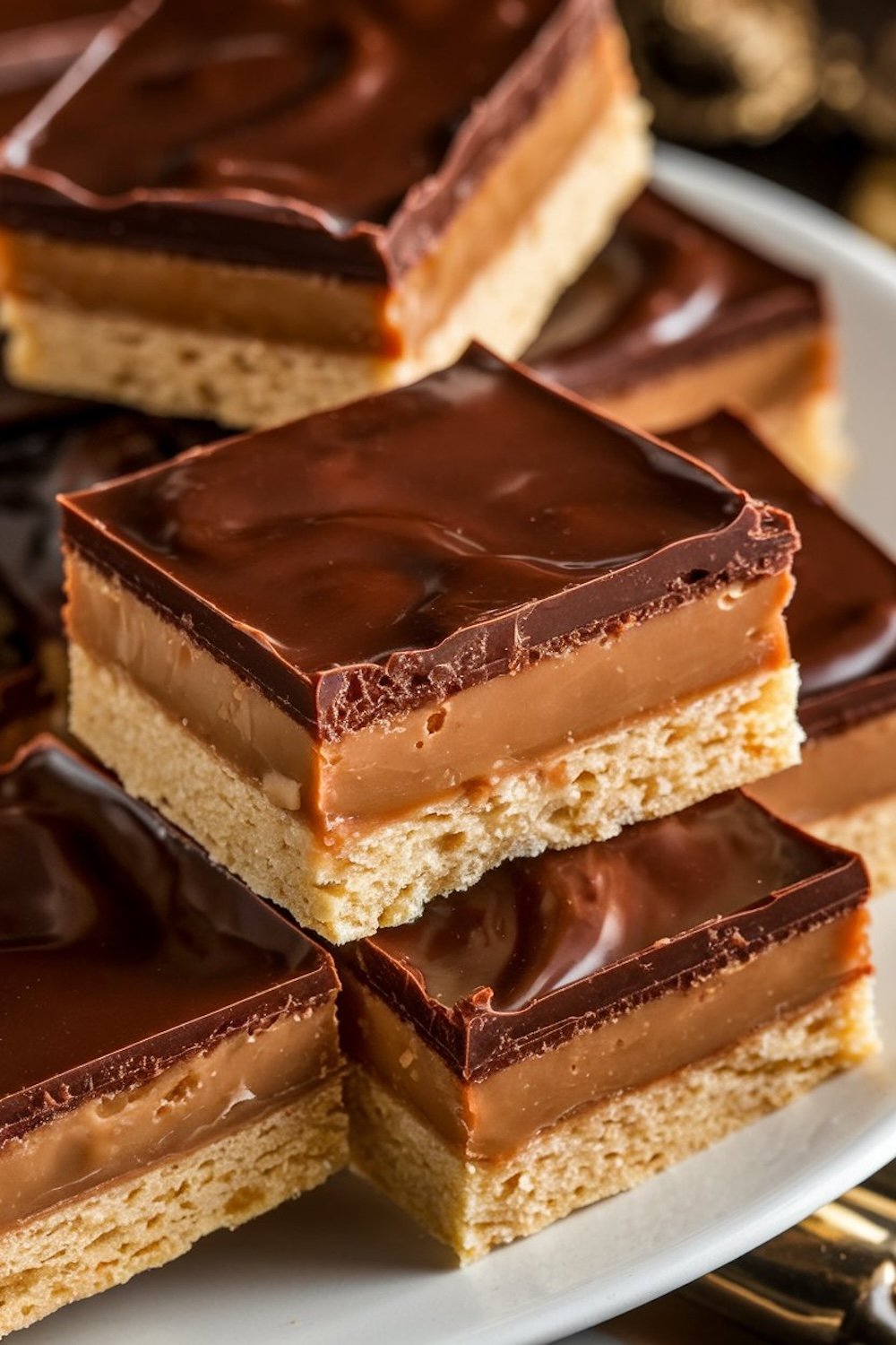 Stack of millionaire's shortbread, featuring layers of buttery shortbread, gooey caramel, and a glossy chocolate topping, arranged on a white plate against a dark background.