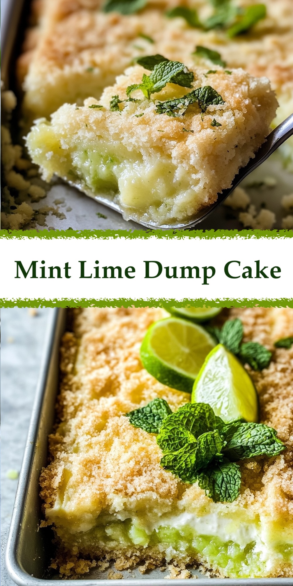 Mojito Dump Cake featuring layers of zesty lime, mint, and a crispy crumble topping, garnished with fresh mint leaves and lime slices on the side.