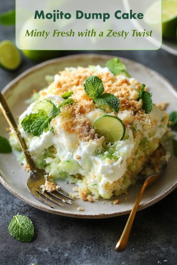A close-up of a Mojito Dump Cake garnished with fresh mint leaves and lime slices, featuring a crumbly topping and creamy lime filling.
