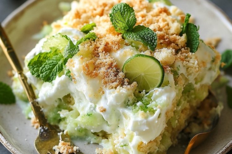 A close-up of a Mojito Dump Cake garnished with fresh mint leaves and lime slices, featuring a crumbly topping and creamy lime filling.