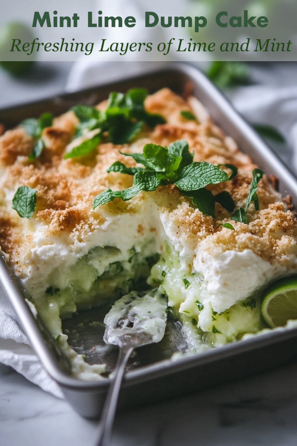 A refreshing Mojito Dump Cake with a golden crumble top, creamy lime filling, and a sprig of mint, set against a blurred background with fresh limes.