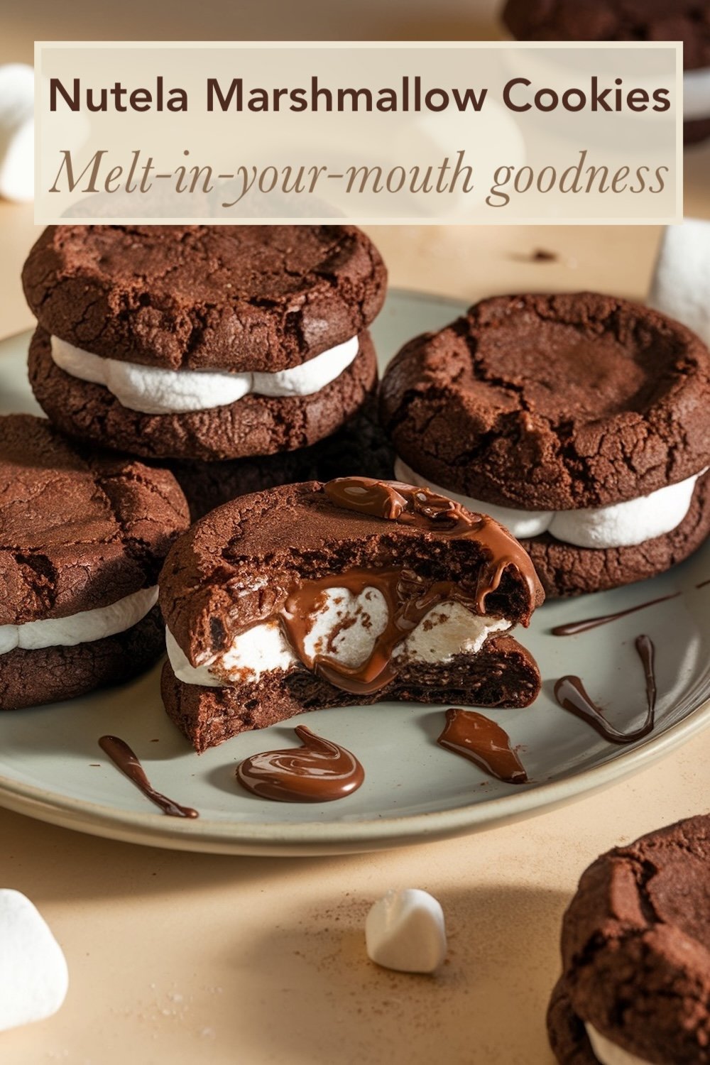 A close-up shot of a single Nutella marshmallow cookie with gooey marshmallow and melted Nutella oozing from the center. The cookie’s rich brown color contrasts against the fluffy white filling. The background is blurred, keeping the focus on the decadent texture and details of the cookie's filling.
