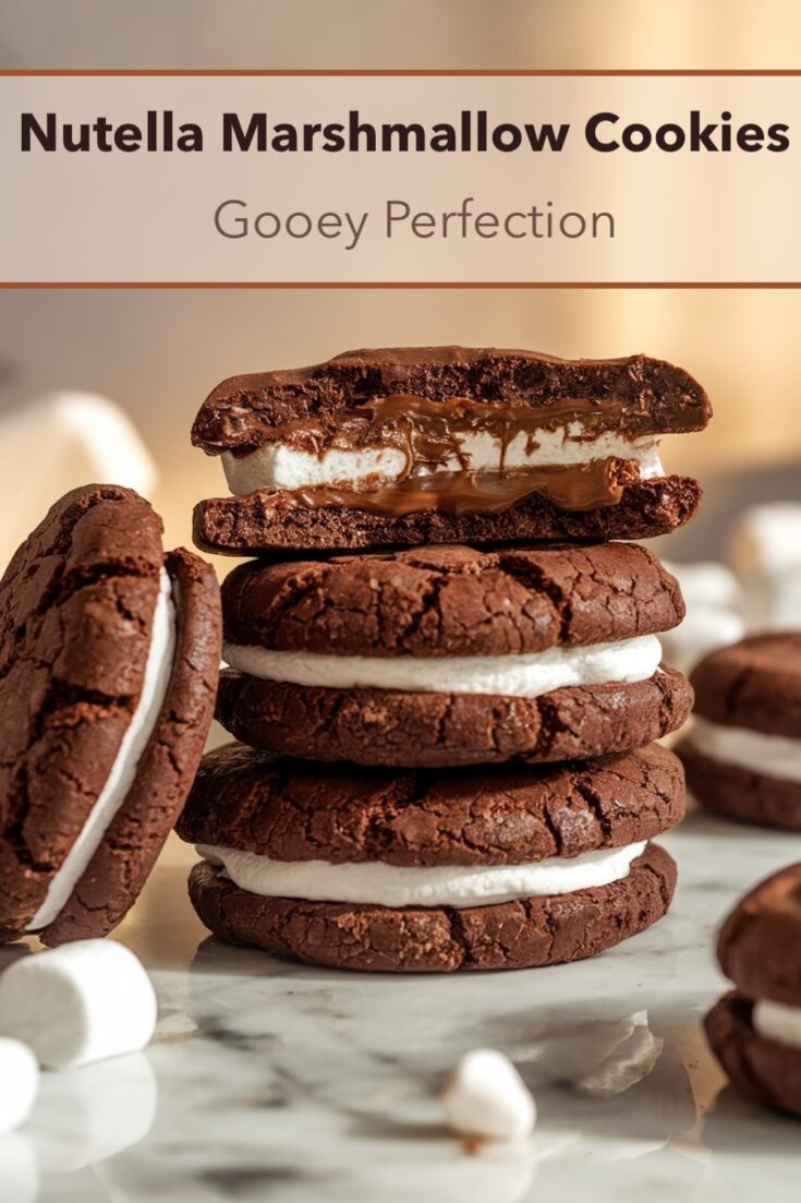 A stack of chocolate Nutella cookies filled with marshmallow, sitting on a rustic wooden table. Several marshmallows and cookies are scattered around the background. The cookies are rich brown, with the creamy marshmallow peeking out from between each layer. The overall warm and cozy tones of the image evoke a sense of indulgence and comfort.