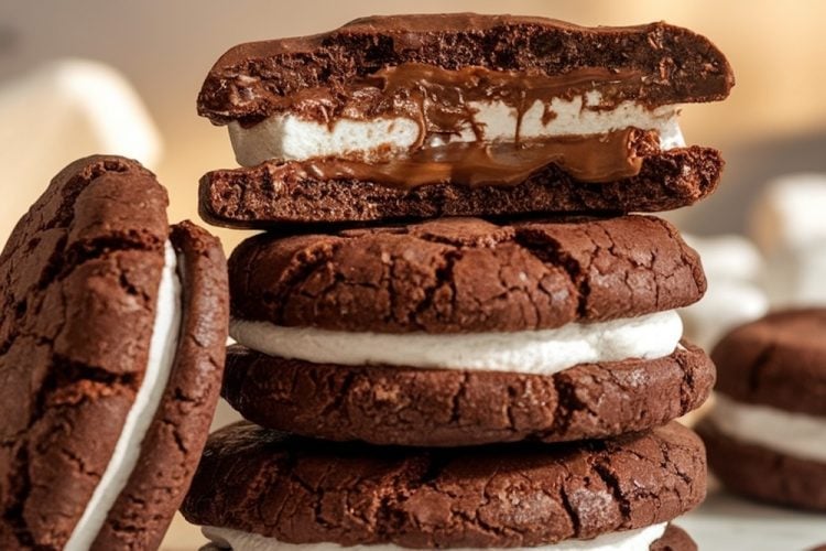 A stack of chocolate Nutella cookies filled with marshmallow, sitting on a rustic wooden table. Several marshmallows and cookies are scattered around the background. The cookies are rich brown, with the creamy marshmallow peeking out from between each layer. The overall warm and cozy tones of the image evoke a sense of indulgence and comfort.
