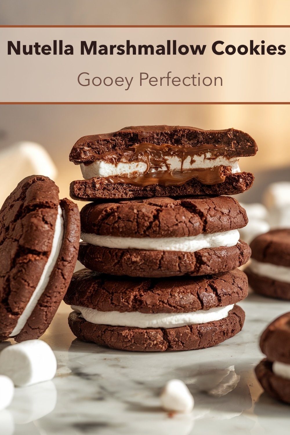 A stack of chocolate Nutella cookies filled with marshmallow, sitting on a rustic wooden table. Several marshmallows and cookies are scattered around the background. The cookies are rich brown, with the creamy marshmallow peeking out from between each layer. The overall warm and cozy tones of the image evoke a sense of indulgence and comfort.