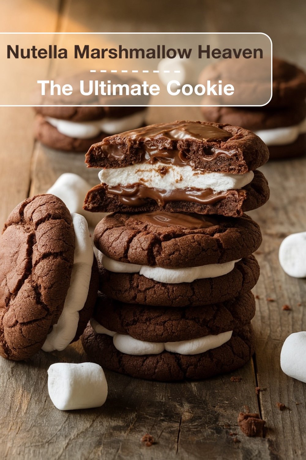 A close-up of a tall stack of chocolate Nutella marshmallow cookies. The top cookie is bitten into, revealing gooey marshmallow and melted Nutella layers. Surrounding the stack are more cookies and marshmallows, set against a dark, rustic wooden surface. The deep chocolate tones contrast with the white marshmallow filling, creating a visually rich and tempting scene.