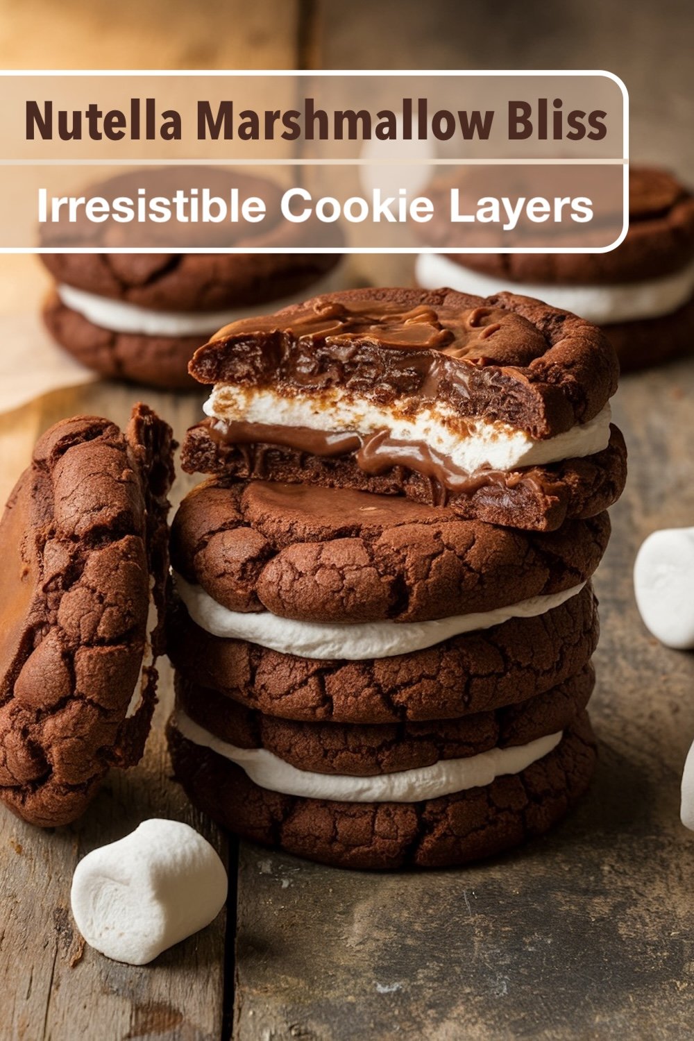 A stack of Nutella marshmallow cookies with a rustic, weathered wooden backdrop. The cookies are dark chocolate brown, with marshmallow layers visible in between. The lighting is warm and soft, highlighting the textures of the cracked cookie surfaces and the smooth marshmallow filling.