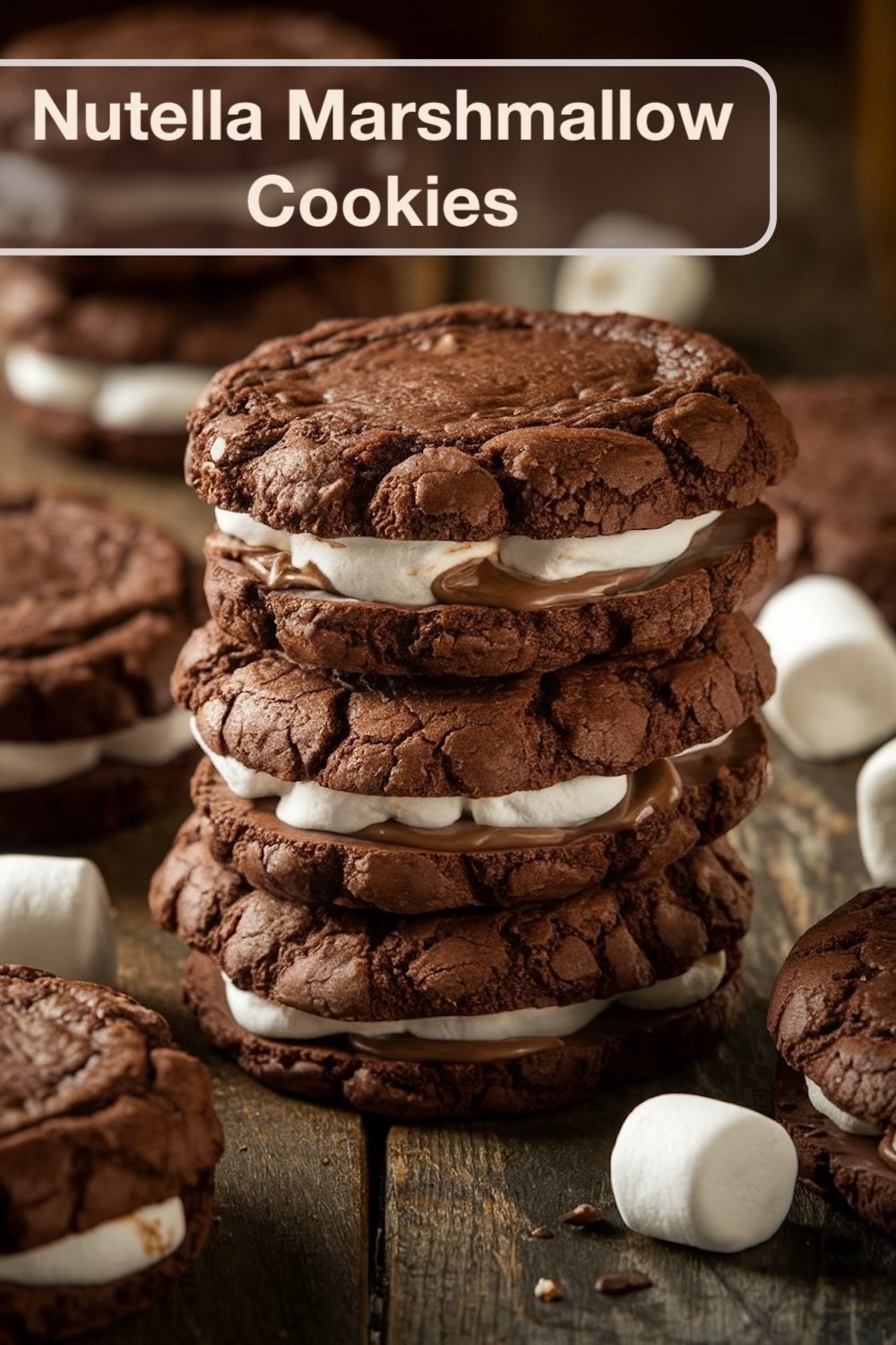 Several Nutella marshmallow cookies scattered on a wooden table, some stacked and others lying flat. The rich brown cookies are filled with thick layers of marshmallow, contrasting against the dark tones of the cookies and wood. The lighting emphasizes the texture of the cookies, making them look freshly baked.