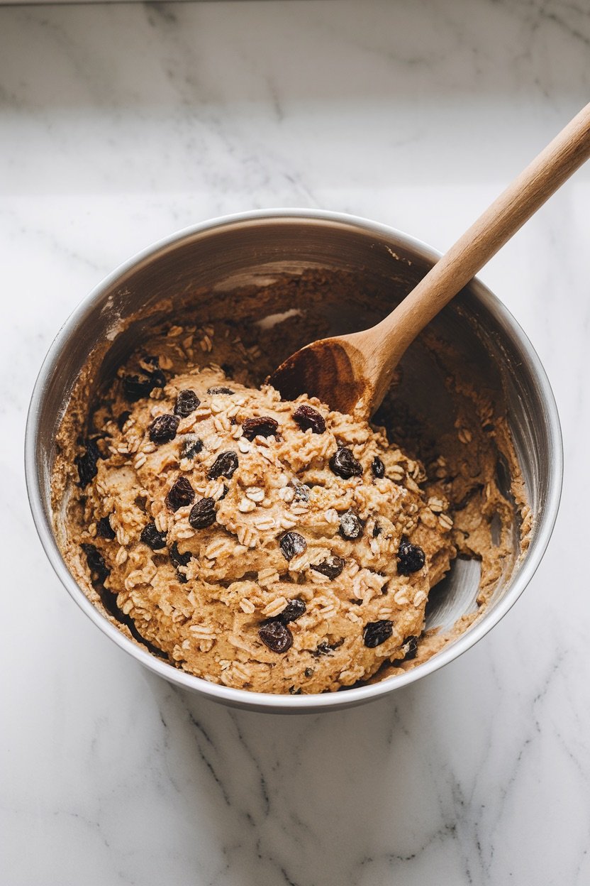 A large mixing bowl filled with thick oatmeal raisin cookie dough, featuring rolled oats and raisins mixed evenly throughout. A wooden spoon rests inside the bowl, ready for scooping, set against a clean marble background, capturing the hands-on preparation process for homemade cookies.