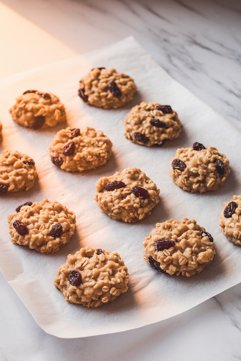 Rows of freshly scooped oatmeal raisin cookie dough balls placed on parchment paper, ready for baking. The golden lighting emphasizes the dough's texture, with oats and raisins visible in each scoop, suggesting a warm, freshly baked aroma soon to come.