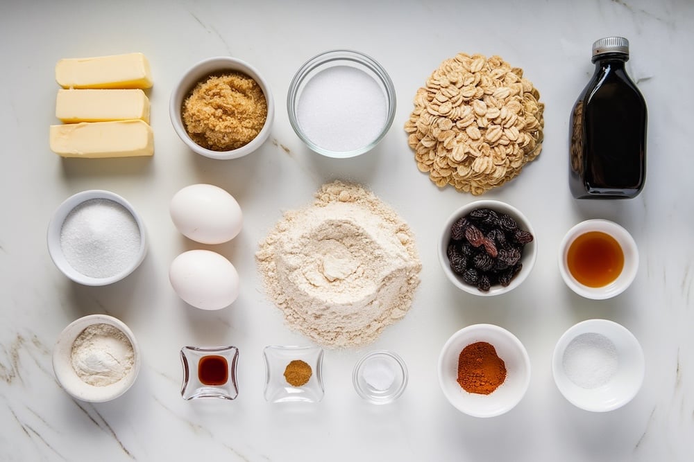 Ingredients for oatmeal raisin cookies neatly arranged on a white marble countertop. Ingredients include butter, brown and white sugars, flour, rolled oats, raisins, eggs, vanilla, and spices, each in separate bowls, creating an organized and appealing baking setup.
