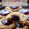 An elegant poster with 'Peanut Butter and Jelly Cookies' in stylized text, showcasing a close-up view of cookies on a dark plate, highlighting the glossy jelly centers and sugary texture.