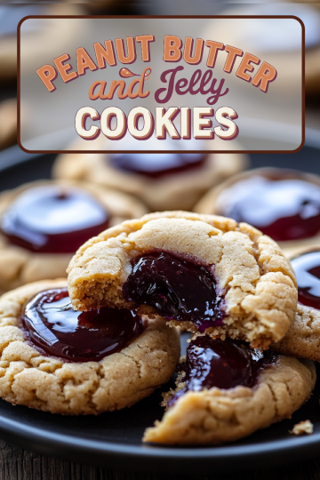 An elegant poster with 'Peanut Butter and Jelly Cookies' in stylized text, showcasing a close-up view of cookies on a dark plate, highlighting the glossy jelly centers and sugary texture.