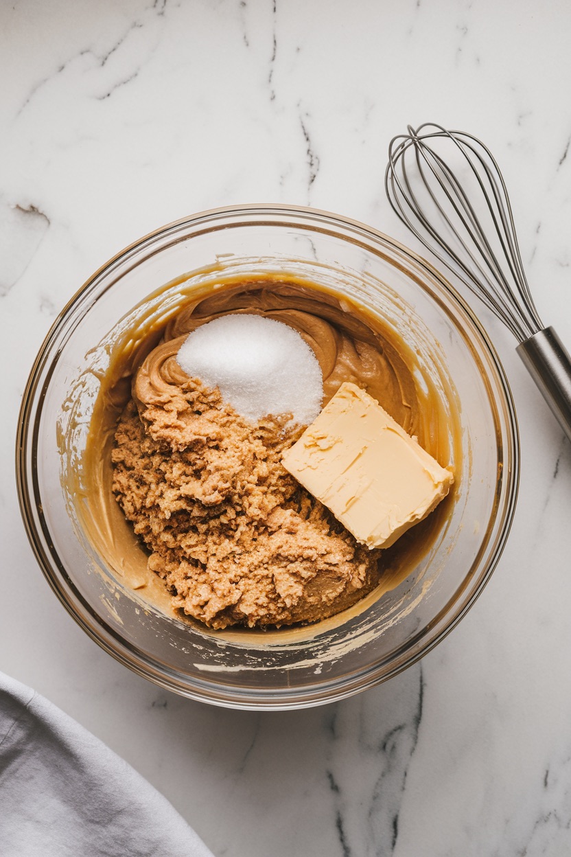 Overhead shot of a glass mixing bowl on a marble countertop filled with ingredients for peanut butter cookies. The bowl contains creamy peanut butter, granulated sugar, brown sugar, and a slab of softened butter, ready to be mixed together. A metal whisk sits beside the bowl, enhancing the cozy, homemade baking atmosphere.